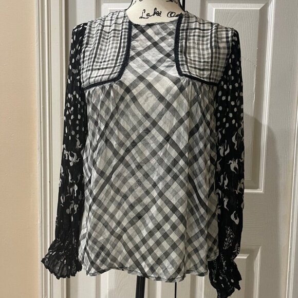 BL-NK BLOUSE MIRANDA PEASANT MONOCHROMATIC BLACK/WHITE SHEER PRINT Sz S BADDIE - Picture 6 of 16